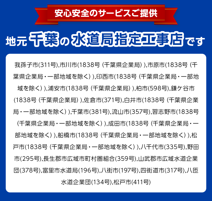 安心安全のサービスご提供。地元大阪の水道局指定工事店。茨城水道部(458)、 羽曳野市水道事業 (387)、 河内長野市水道局 (0312) 貝塚市 (288)、 岸和田市上下水道局 (411) 大阪狭山市 (大阪狭山第246)、 交野市水道局(67)、 高石市(284)、 高槻市水道部(503)、 阪南水道事業 (阪南第164)、 守口市水道局(354)、 松原市上下水道部 (326)、 寝屋川市水道局 (459)、 吹田市水道部 (528)、 摂津市 (321) 泉佐野市 (315)、 泉南水道事業(泉南第186)、 大阪市水道局(7608)、 四条畷市水道事業(四条畷第226)、 泉大津市(306)、 大東市水道局 (326) 池田市(291)、 東大阪市水道 企業(699)、 藤井寺市(藤井寺第292) 柏原市 (292)、 八尾市水道局 (582) 富田林市 (337)、 豊中市上下水道(554) 堺市上下水道局 (1135)、 枚方市上下水道局 (535)、 箕面市水道部 (355)、 門真市 (353)、 和泉市上下水道部 (396)、 河南町(142) 三島郡島本町(190)、太子町(太子第137)、 岬水道事業 (岬第148)