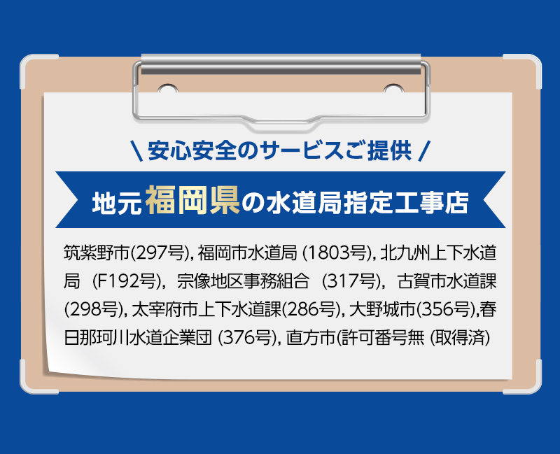安心安全のサービスご提供。地元福岡県の水道局指定工事店。筑紫野市(297号), 福岡市水道局 (1803号), 北九州上下水道局 (F192号), 宗像地区事務組合 (317号), 古賀市水道課(298号), 太宰府市上下水道課(286号), 大野城市(356号),春日那珂川水道企業団 (376号), 直方市(許可番号無 (取得済)