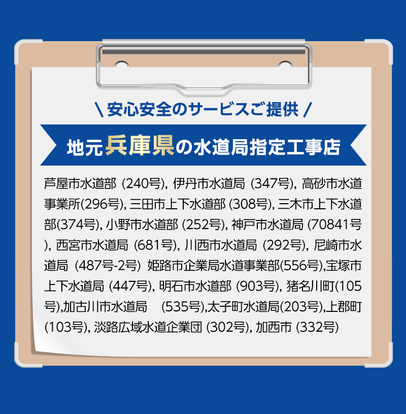 安心安全のサービスご提供。地元兵庫県の水道局指定工事店。芦屋市水道部 (240号), 伊丹市水道局 (347号), 高砂市水道事業所(296号), 三田市上下水道部 (308号), 三木市上下水道部(374号), 小野市水道部 (252号), 神戸市水道局 (70841号), 西宮市水道局 (681号), 川西市水道局 (292号), 尼崎市水道局 (487号-2号) 姫路市企業局水道事業部(556号),宝塚市上下水道局 (447号), 明石市水道部 (903号), 猪名川町(105号),加古川市水道局 (535号),太子町水道局(203号),上郡町 (103号), 淡路広域水道企業団 (302号), 加西市 (332号)