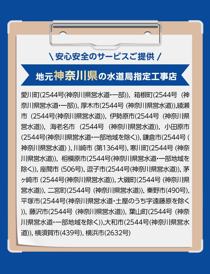 安心安全のサービスご提供。地元神奈川県の水道局指定工事店。愛川町(2544号(神奈川県営水道・一部)), 箱根町(2544号 (神奈川県営水道・一部)), 厚木市(2544号 (神奈川県営水道)),綾瀬市 (2544号(神奈川県営水道)), 伊勢原市(2544号 (神奈川県営水道)), 海老名市 (2544号 (神奈川県営水道)), 小田原市 (2544号(神奈川県営水道・一部地域を除く)), 鎌倉市(2544号 (神奈川県営水道) ), 川崎市 (第1364号), 寒川町(2544号 (神奈川県営水道)), 相模原市(2544号(神奈川県営水道・一部地域を除く)), 座間市 (506号), 逗子市(2544号(神奈川県営水道)), 茅ヶ崎市 (2544号(神奈川県営水道)), 大磯町(2544号 (神奈川県営水道)), 二宮町(2544号 (神奈川県営水道)), 秦野市(490号), 平塚市(2544号(神奈川県営水道・土屋のうち字遠藤原を除く)), 藤沢市(2544号 (神奈川県営水道)), 葉山町(2544号 (神奈川県営水道・一部地域を除く)),大和市(2544号(神奈川県営水道)), 横須賀市(439号), 横浜市(2632号)