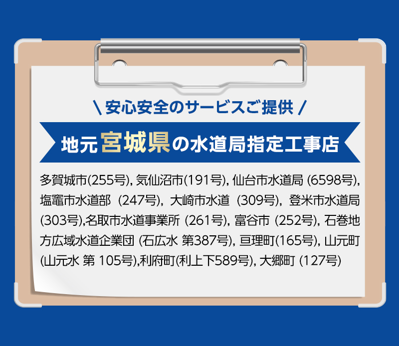 安心安全のサービスご提供。地元宮城県の水道局指定工事店多賀城市(255号), 気仙沼市(191号), 仙台市水道局 (6598号), 塩竈市水道部 (247号), 大崎市水道 (309号), 登米市水道局 (303号),名取市水道事業所 (261号), 富谷市 (252号), 石巻地方広域水道企業団 (石広水 第387号), 亘理町(165号), 山元町 (山元水 第 105号),利府町(利上下589号), 大郷町 (127号)