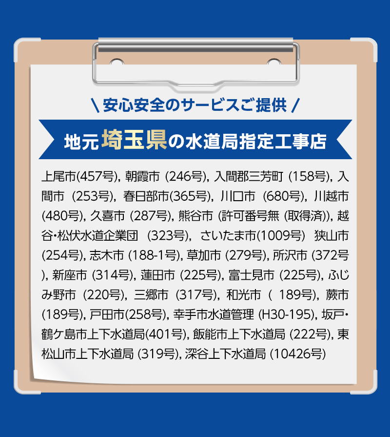安心安全のサービスご提供。地元埼玉県の水道局指定工事店。上尾市(457号), 朝霞市 (246号), 入間郡三芳町 (158号), 入間市 (253号), 春日部市(365号), 川口市 (680号), 川越市 (480号), 久喜市 (287号), 熊谷市 (許可番号無 (取得済)), 越谷・松伏水道企業団 (323号), さいたま市(1009号) 狭山市 (254号), 志木市 (188-1号), 草加市 (279号), 所沢市 (372号), 新座市 (314号), 蓮田市 (225号), 富士見市 (225号), ふじみ野市 (220号), 三郷市 (317号), 和光市 ( 189号), 蕨市 (189号), 戸田市(258号), 幸手市水道管理 (H30-195), 坂戸・鶴ケ島市上下水道局(401号), 飯能市上下水道局 (222号), 東松山市上下水道局 (319号), 深谷上下水道局 (10426号)